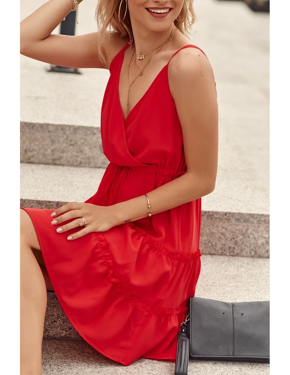 Delicate dress with a red envelope neckline PR3200 - Online store - Boutique